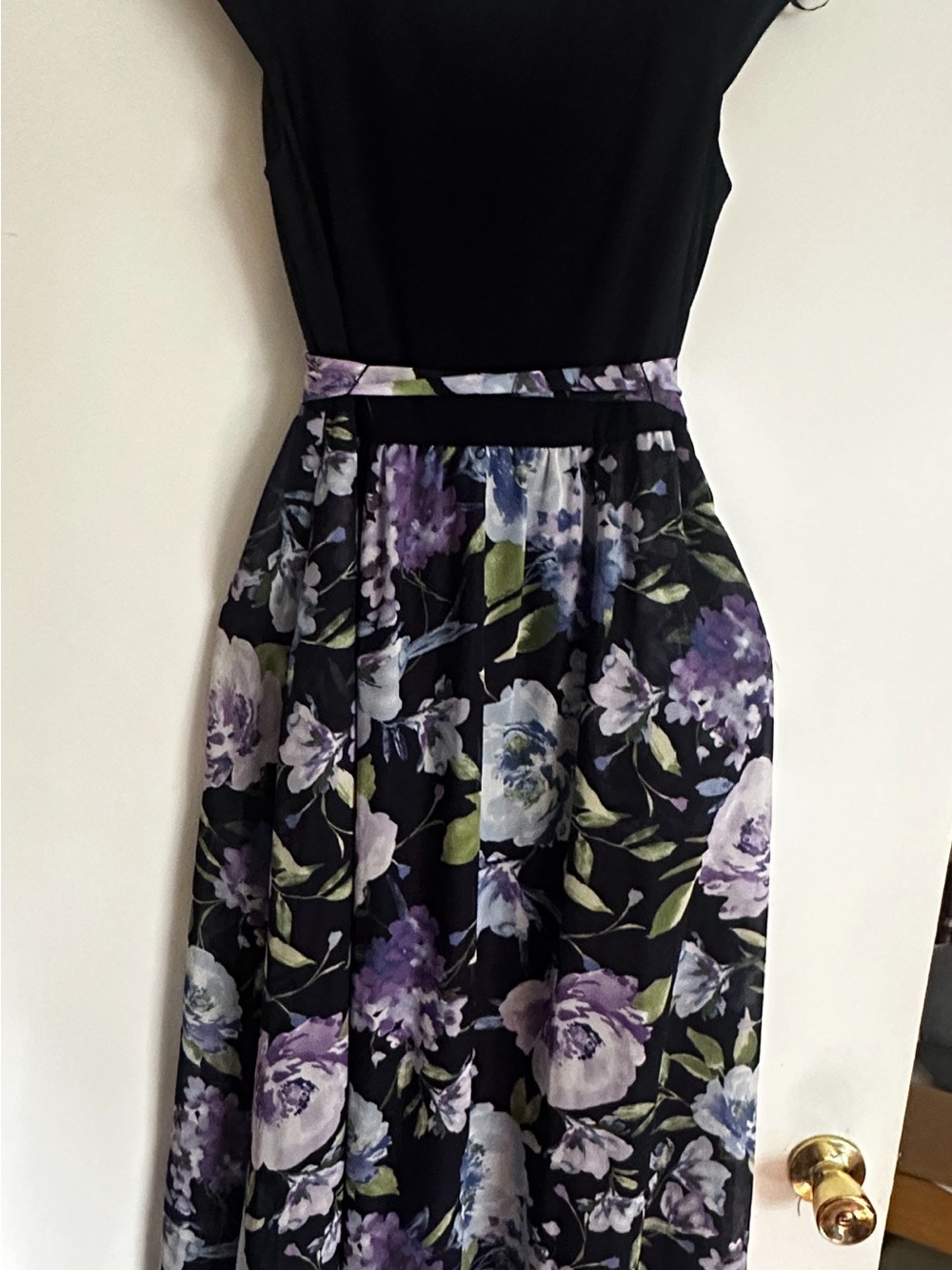 SLNY Black Bodice Floral Maxi Dress with Purple Accents